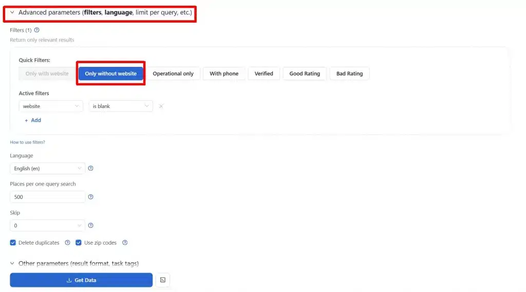 Scraping businesses without websites using Outscraper