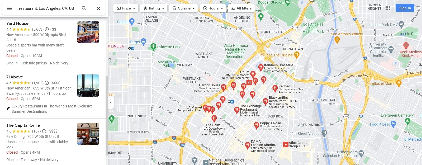 Google Maps - restauracje w Los Angeles