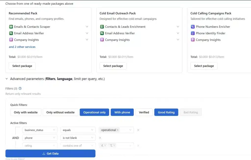Outscraper's Quick Filters