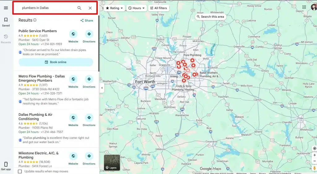 Google Maps Dallas plumbers