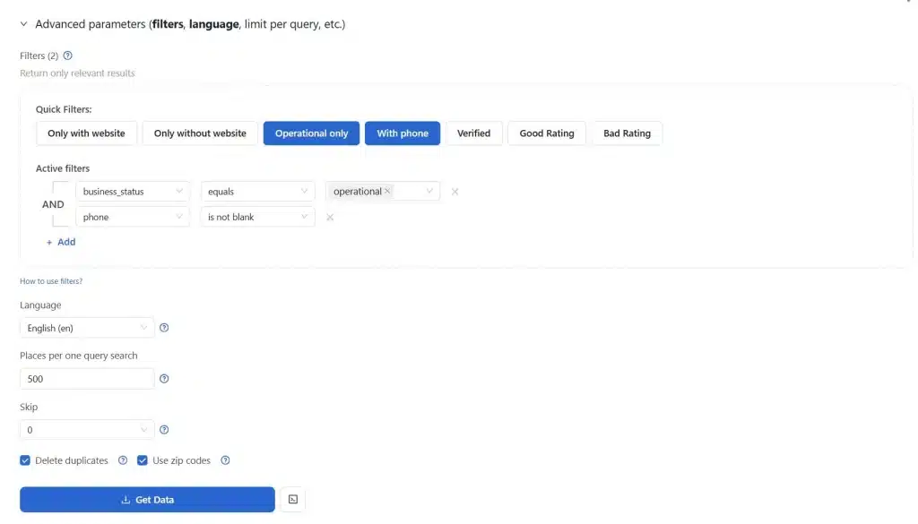 Google Maps scraper advanced filters