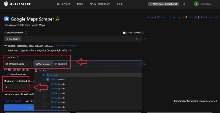 Configure Your Scraper: Configure your Outscraper scraper to extract the specific contact information based on location and maximum results limit.