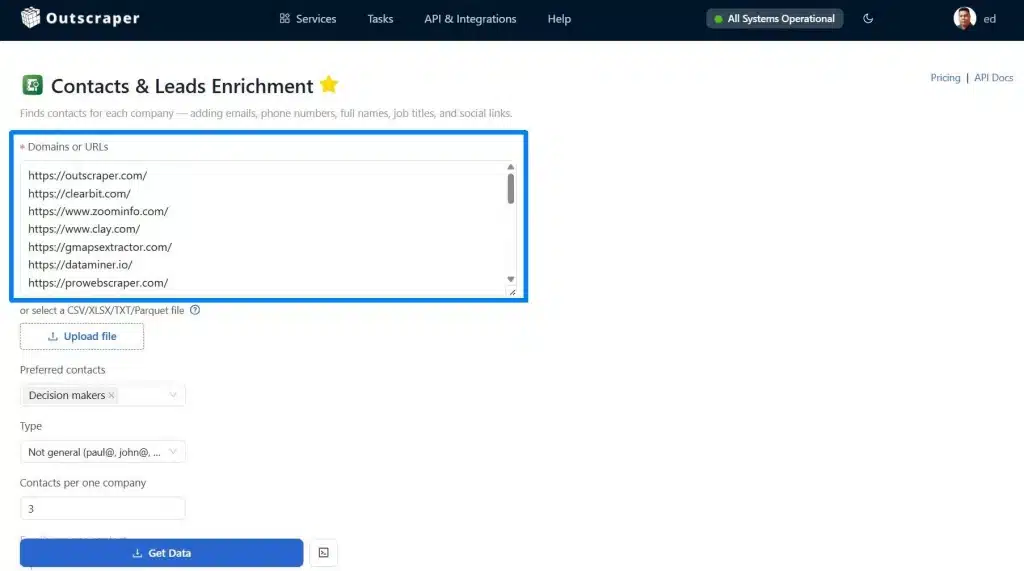 Input domains to extract emails