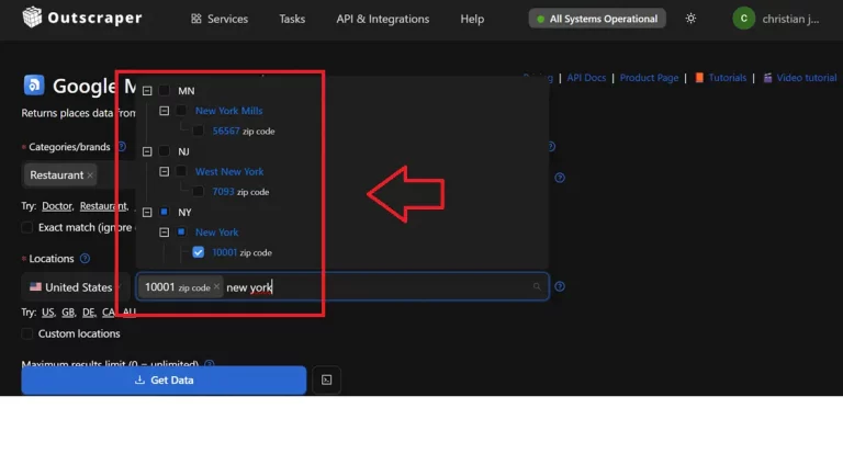 Select Location (US, GB, DE, CA, AU). It may include the city, zip code, and country. This focuses the scope based on the selected location.
