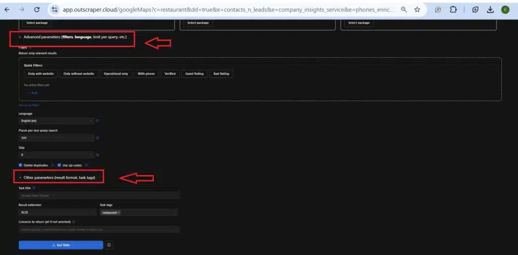 Filters: Apply filters to narrow down your search results. Advanced parameters (filters, language, limit per query, etc.) and other parameters (result format, task tags).