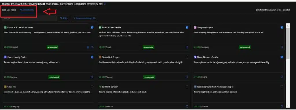Outscraper offers a range of data enrichment options that can add significant value to your database. Enrichments involve supplementing the extracted data with additional information from other sources.