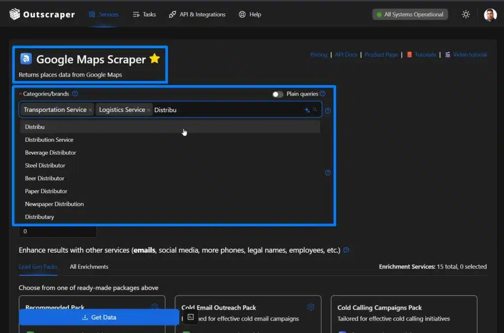 google Maps categories