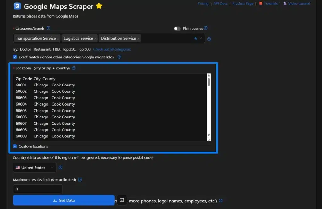 ZIP codes for custom locations