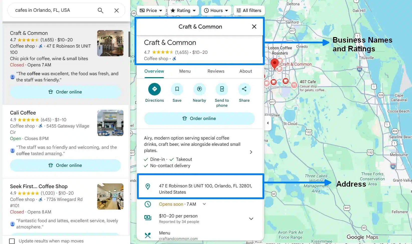 comparison of google maps search results vs. Outscraper data