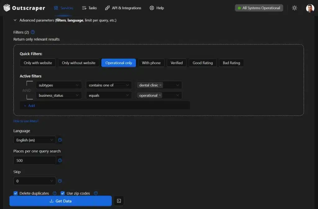 Google Maps scraper advanced filters