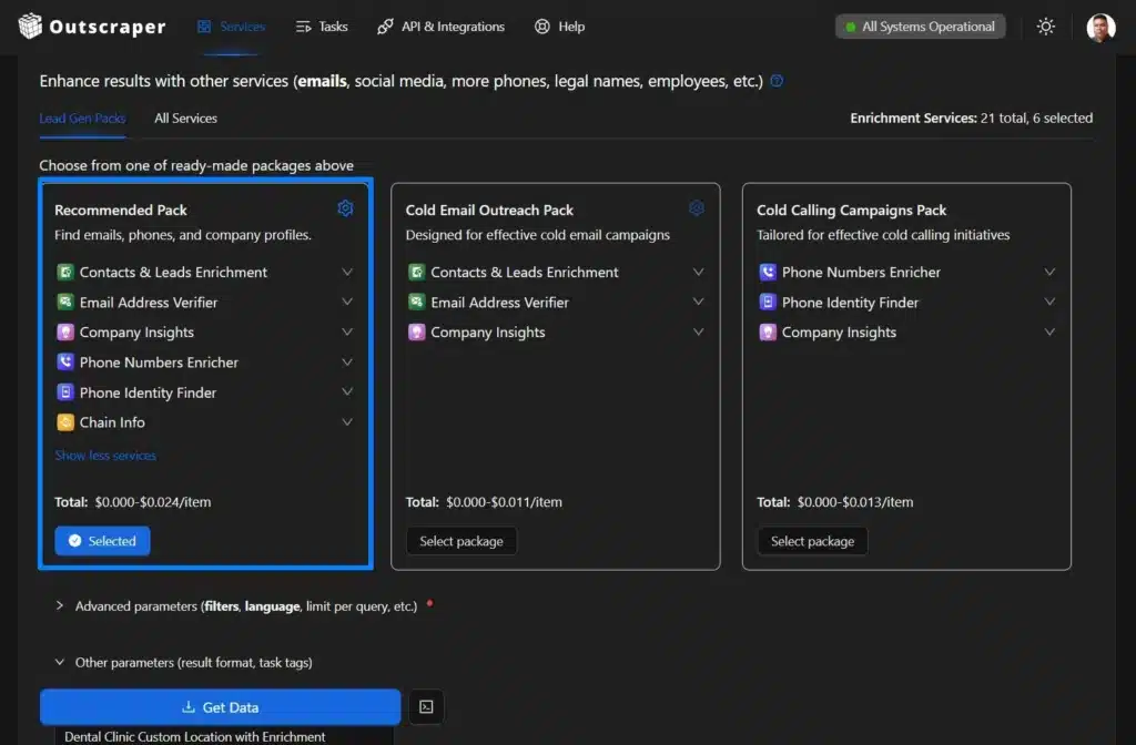 Google Maps scraper enrichment using lead gen packs