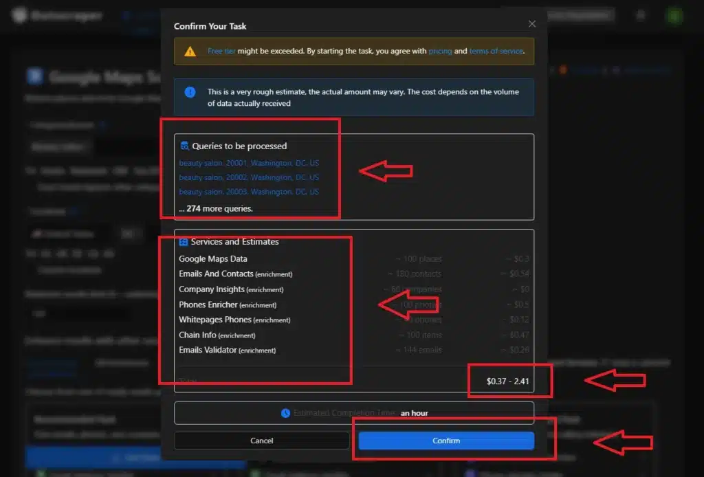 Create a Scraping Task Using the Outscraper interface, create a new scraping task. Input your search parameters, such as keywords (categories/brands), location, and any filters that will help narrow down your results.
