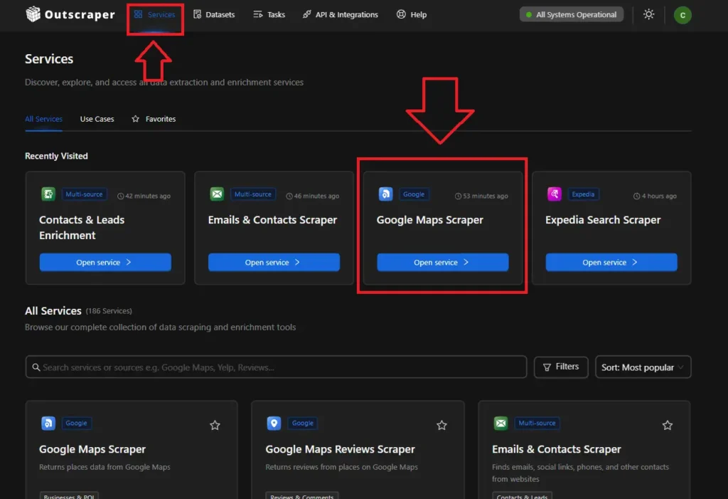 Go to "Services" and choose "Google Maps Scraper". Familiarize yourself with the available filters by categories/brands, location, maximum results limit, and enrichments.