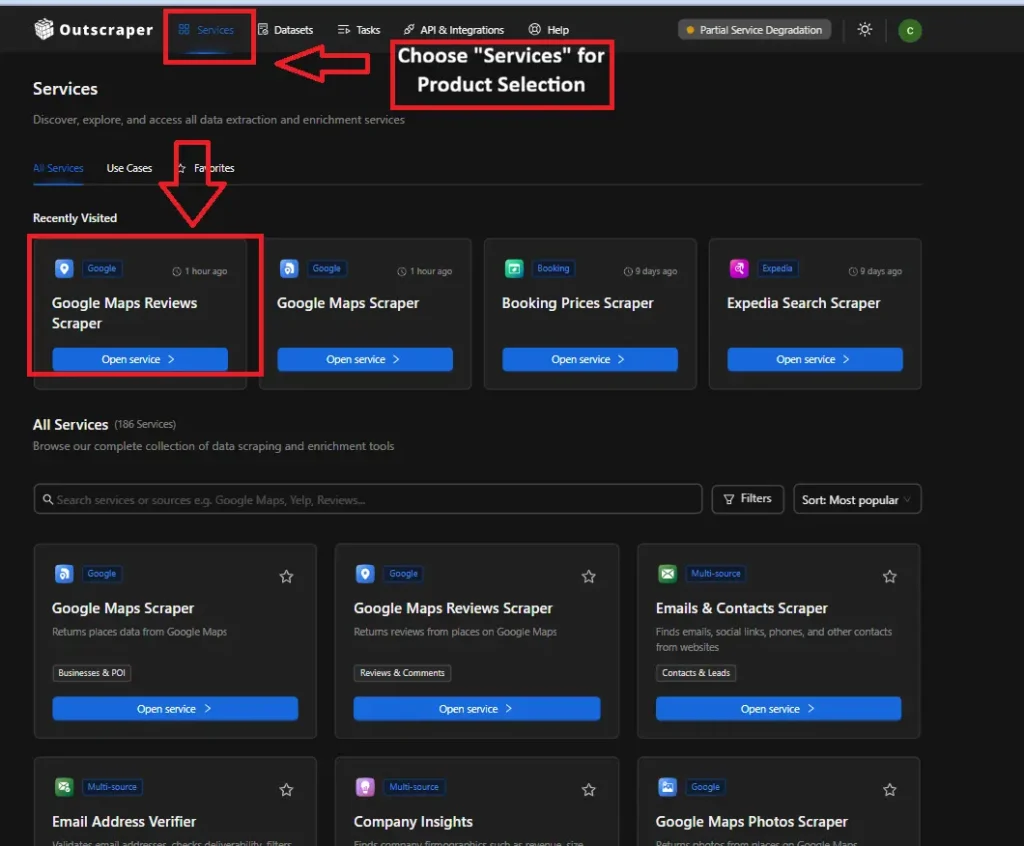 To get started with Outscraper, visit the website and create an account. Once registered, you can access the dashboard and choose a suitable scraper for review analysis. Choose the tab "Services" and find Google Maps Review Scraper.