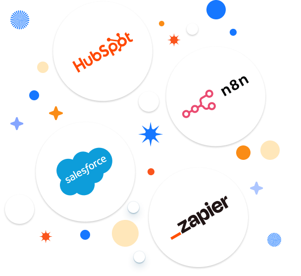 Illustration of HubSpot, Salesforce, n8n, and Zapier logos inside white circles on a black background, symbolizing integrations.