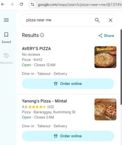 Google Maps results for pizza near me showing three pizzerias with thumbnails and 'Order online' buttons.