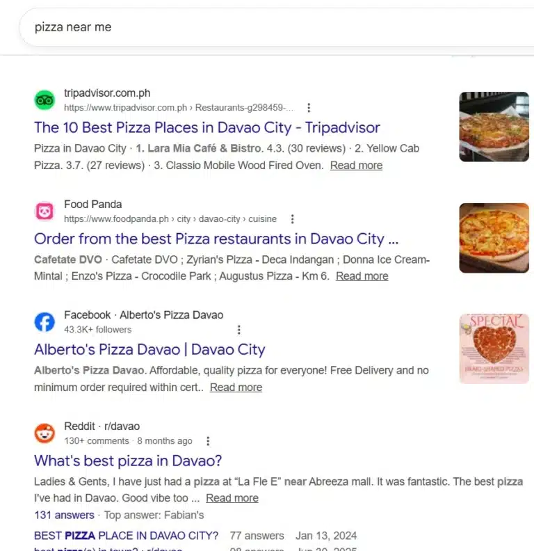Search results for 'pizza near me' showing Davao City pizza places with small thumbnails on the right side of each result.
