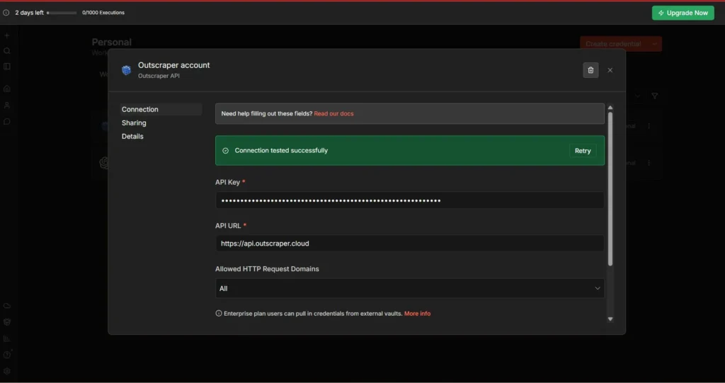 Outscraper account settings dialog showing connection status: Connection tested successfully, API Key masked, API URL shown as https://api.outscraper.cloud.
