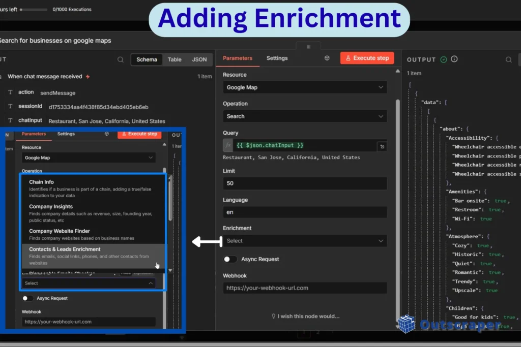 n8n dashboard Outscraper node enrichment