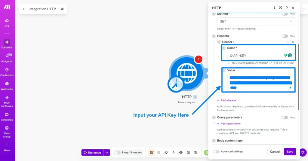 Adding your API Key inside Make.com