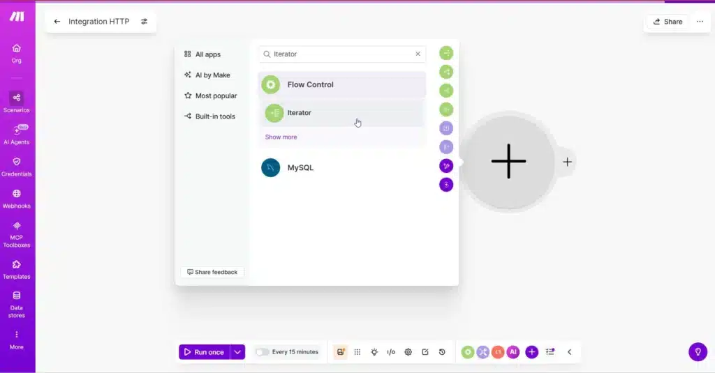 Screenshot of an automation builder: left purple sidebar, center results list showing 'Iterator' and 'Flow Control', and a large circular plus button on the right; bottom Run button.