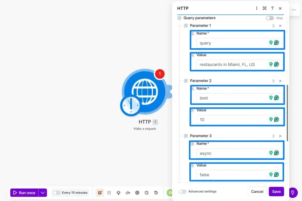 Postman-like HTTP request editor showing three parameters: query = 'restaurants in Miami, FL, US'; limit = 10; async = false; with an HTTP globe icon graphic on the left