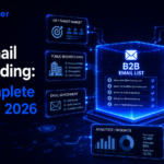 Neon blue infographic with a central 'B2B Email List' cube connected to panels labeled ICP/Target Market, Email Verification, CRM, and Analytics/Insights.