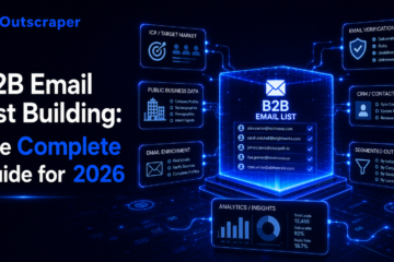 Neon blue infographic with a central 'B2B Email List' cube connected to panels labeled ICP/Target Market, Email Verification, CRM, and Analytics/Insights.