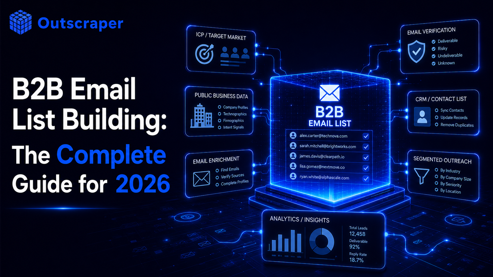 Neon blue infographic with a central 'B2B Email List' cube connected to panels labeled ICP/Target Market, Email Verification, CRM, and Analytics/Insights.