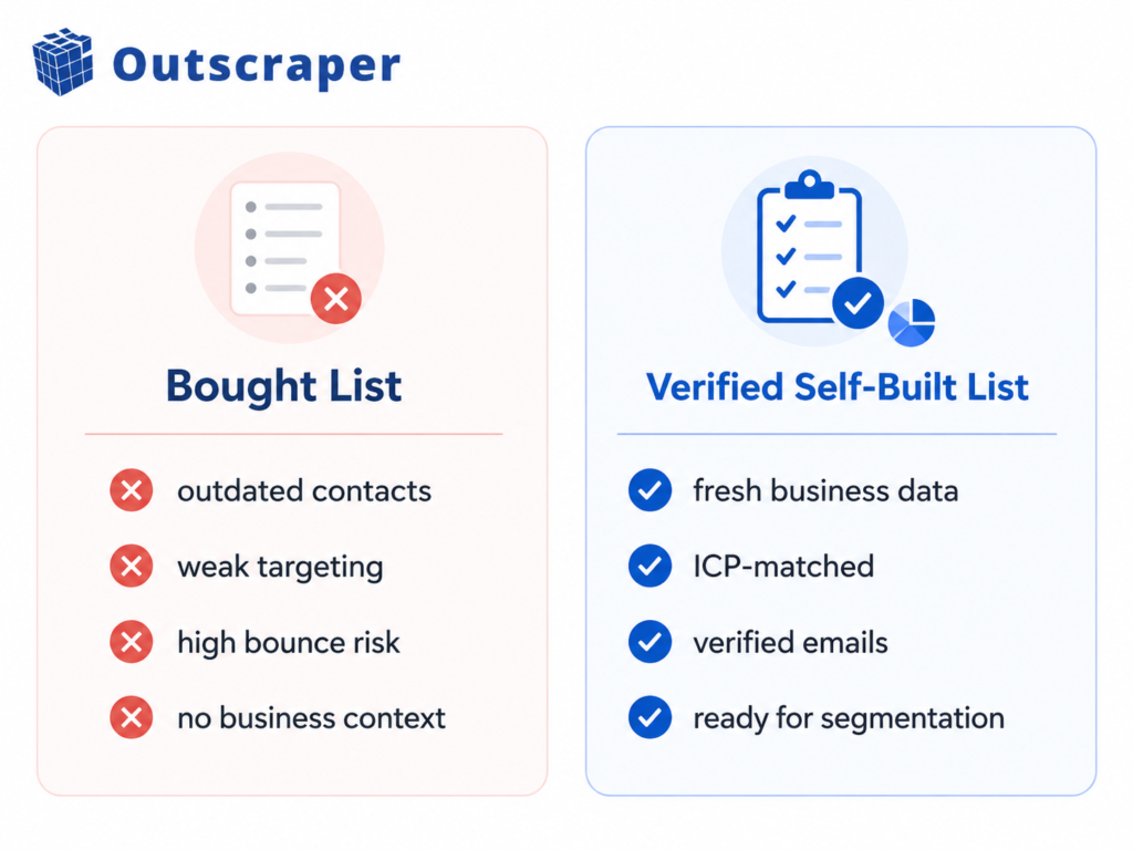 Outscraper infographic with two panels: Left is 'Bought List' showing red X icons for outdated contacts, weak targeting, high bounce risk, and no business context; Right is 'Verified Self-Built List' with blue check icons for fresh business data, ICP-matched, verified emails, and ready for segmentation.
