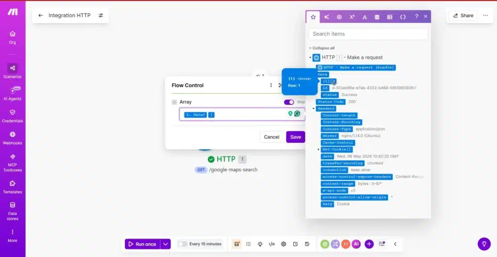 Flow editor UI with a left purple toolbar, an HTTP module, and a Flow Control panel showing an Array input on the canvas