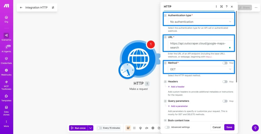 Configure HTTP module using Outscraper endpoint