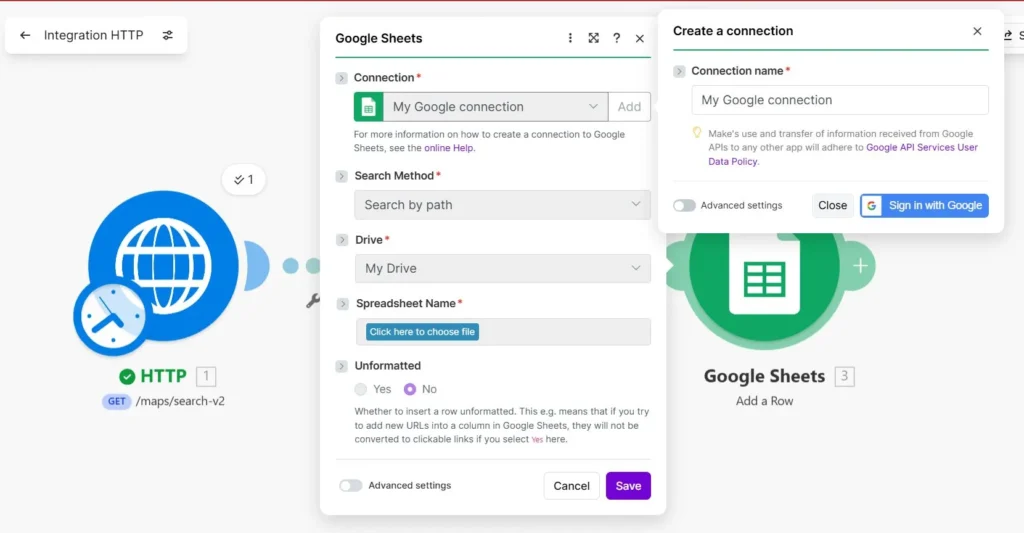 Establishing connection between Google account and Make | Outscraper