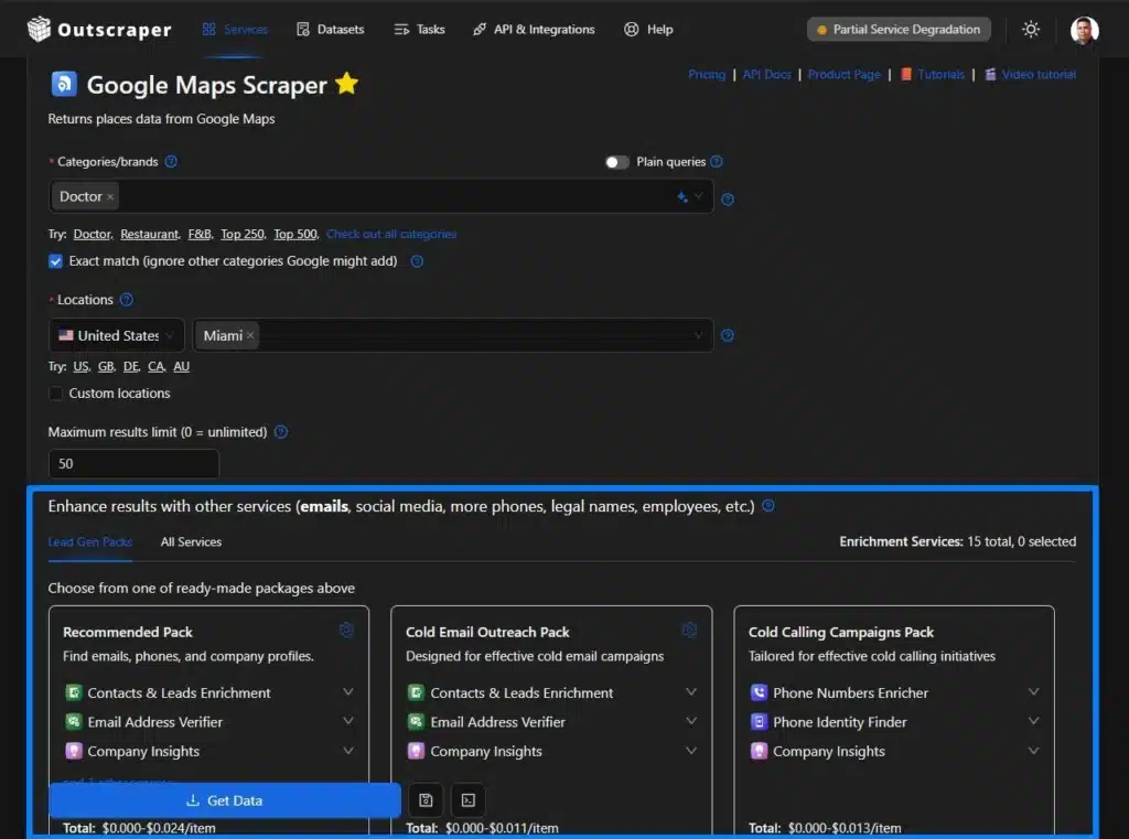 Google Maps Scraper dashboard showing optional enrichment services