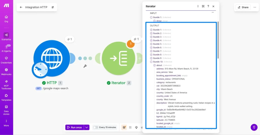 Outscraper and Make.com Iterator results showing bundles of data