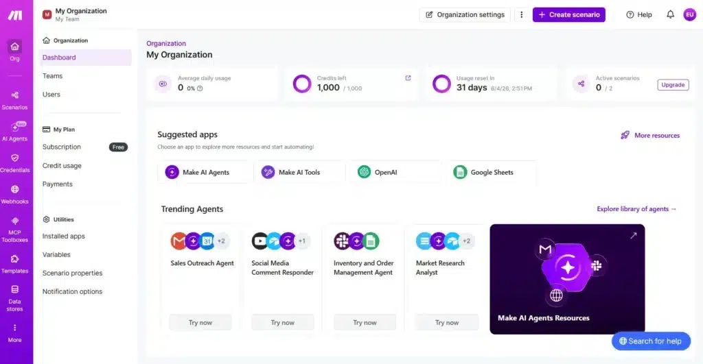 Inside the Make.com account dashboard