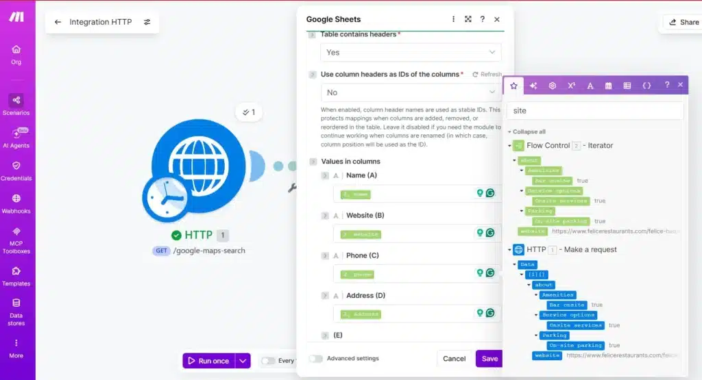 Mapping Iterator with Google Sheets | Outscraper