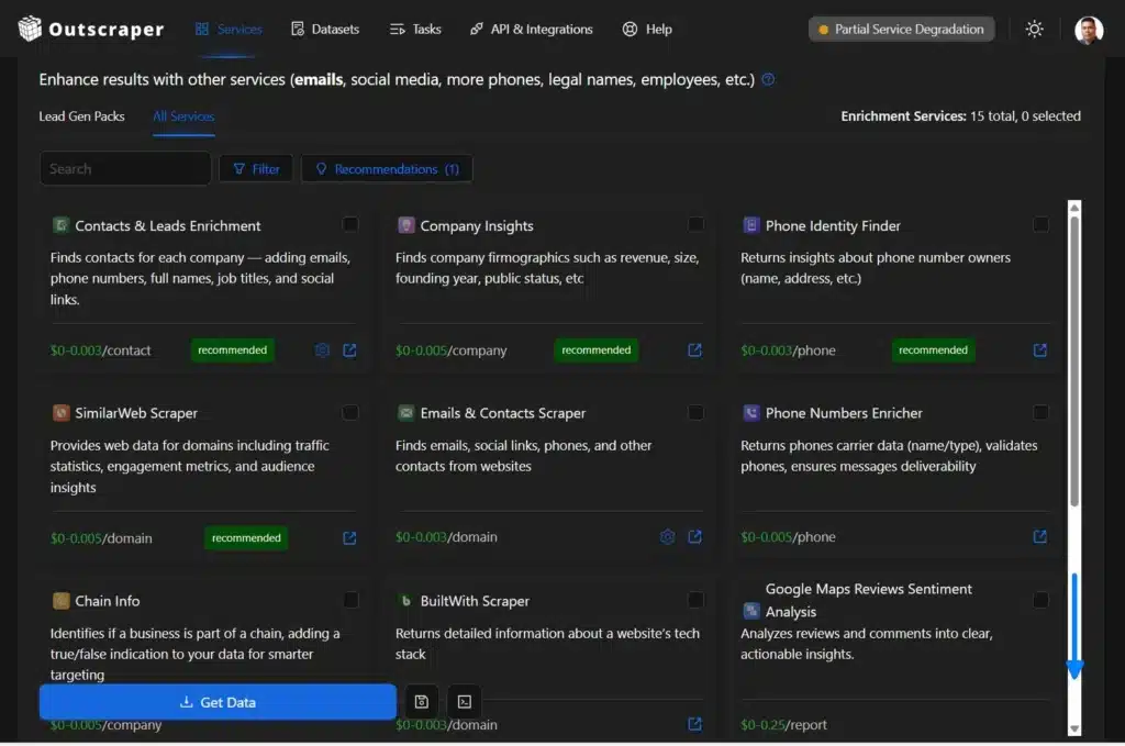 Outscraper enrichment services showing contact, company, domain, and phone add-ons
