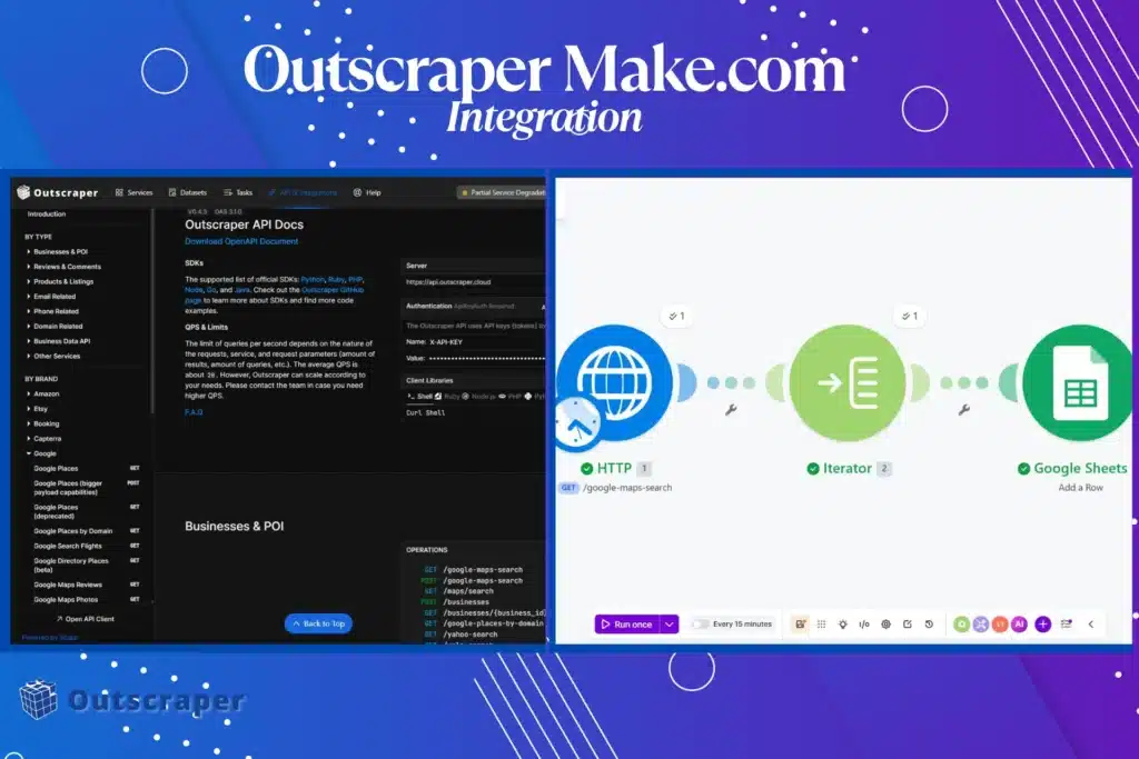 Outscraper API and Make.com integration workflow dashboard | Outscraper