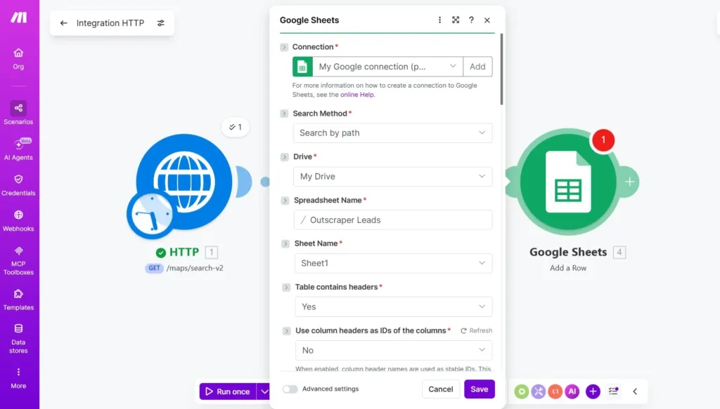 Important parameters for connecting Google account with Make | Outscraper