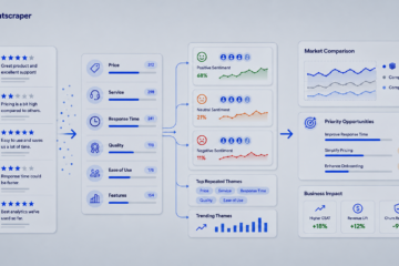 Infographic dashboard showing reviews, metrics, sentiment analysis, and market comparison for Outscraper (branding top-left).