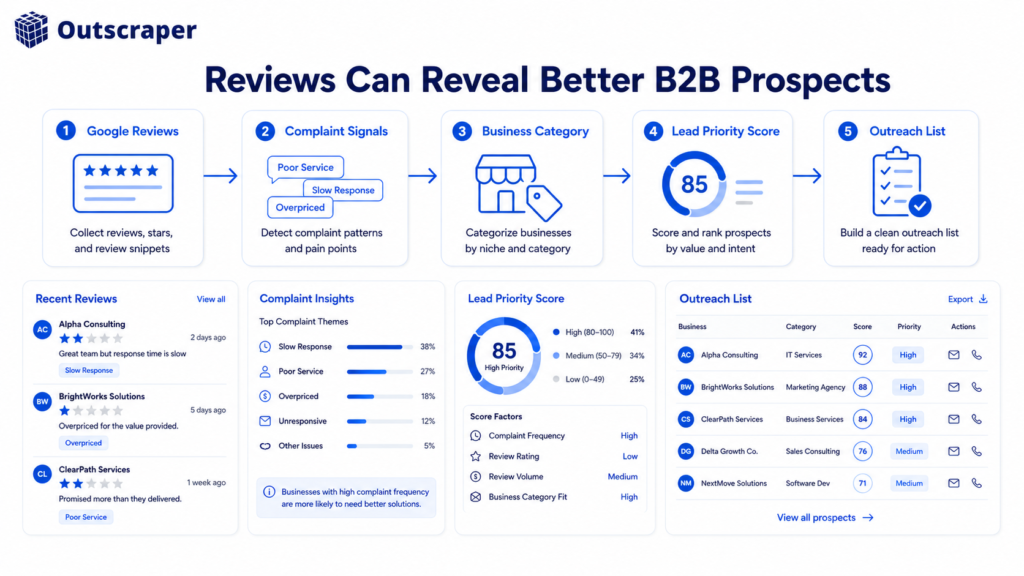Graphic titled 'Reviews Can Reveal Better B2B Prospects' showing a five-step process from Google Reviews to Outreach List with supporting dashboards and Outscraper logo in the corner.