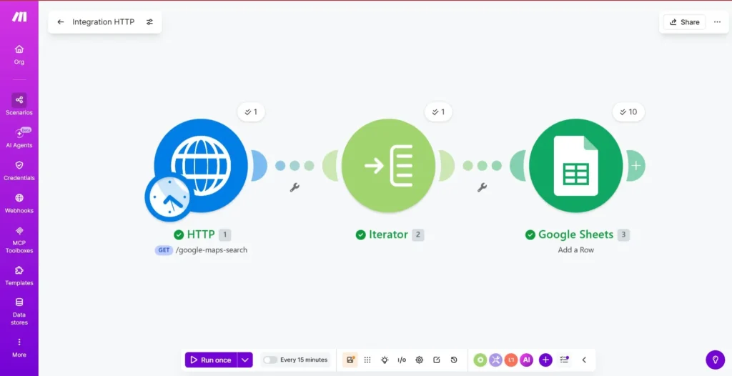 Outscraper and Make.com Integration successful test run