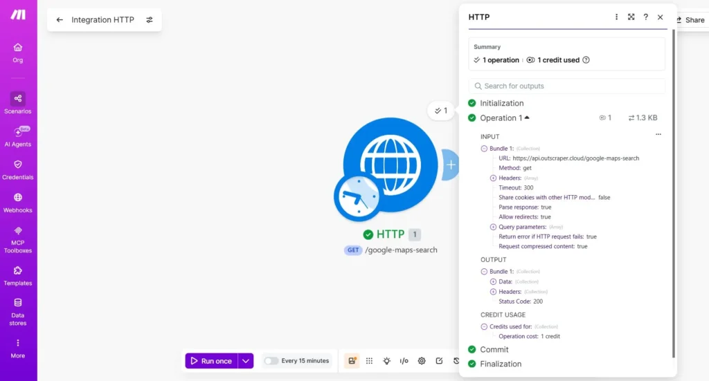 Running and checking Outscraper and Make.com integration