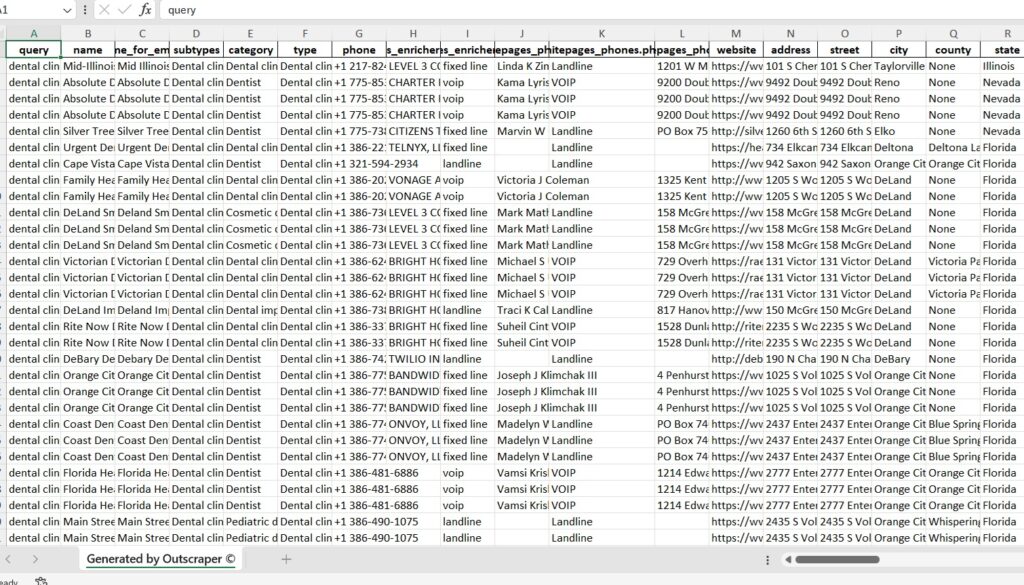 Outscraper Google Maps Scraper results