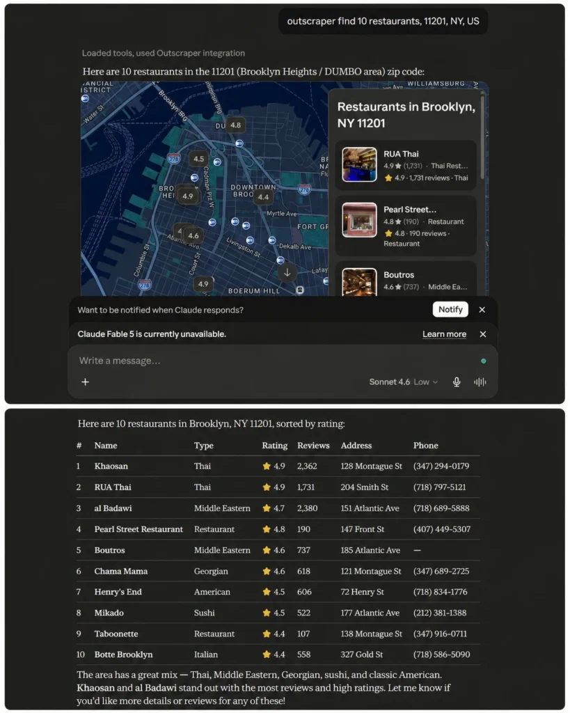 Claude chat showing an Outscraper prompt and returned business results
