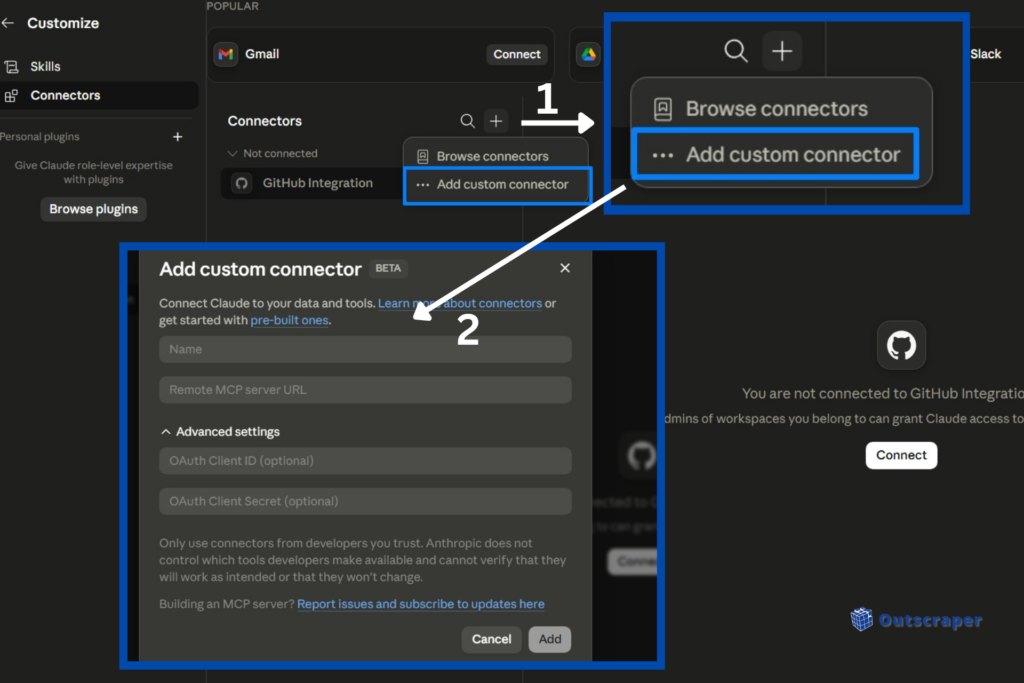 Claude dashboard showing how to add custom connector