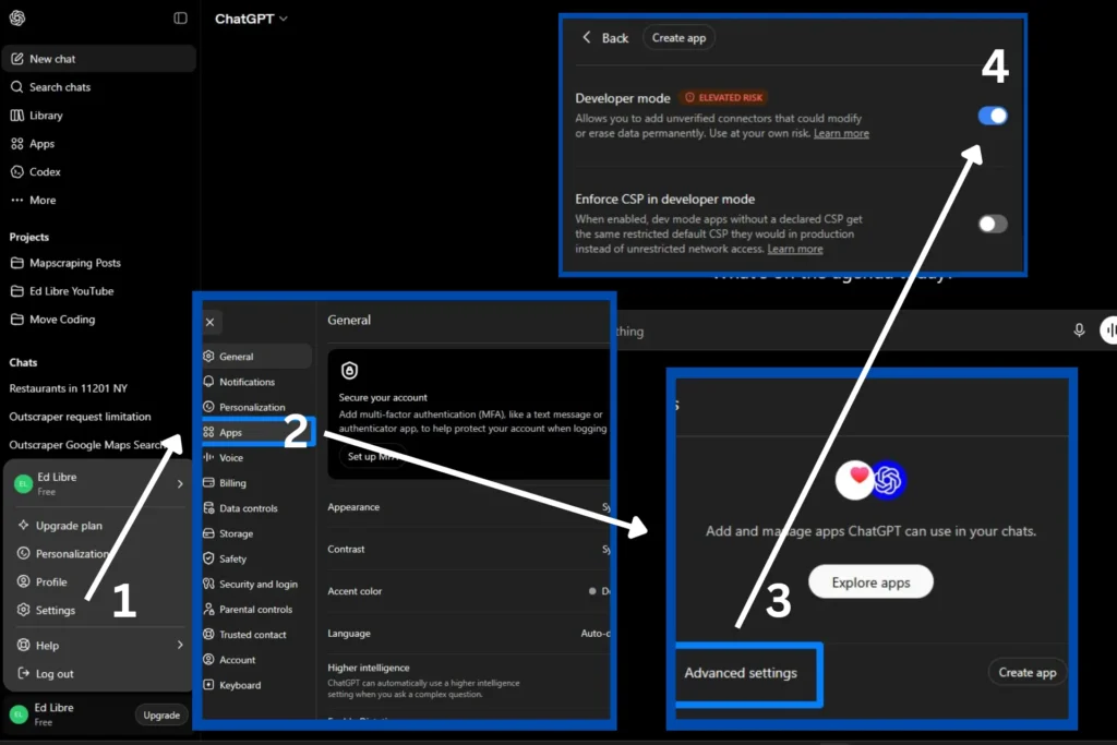 Developer Mode is enabled in ChatGPT Apps' advanced settings