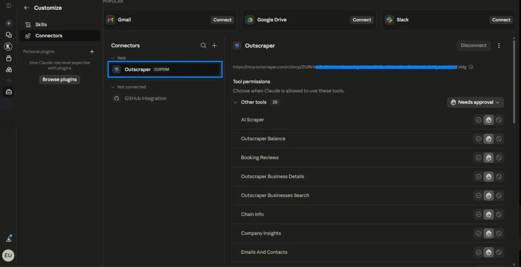 dashboard showing Outscraper successfully connected to Claude