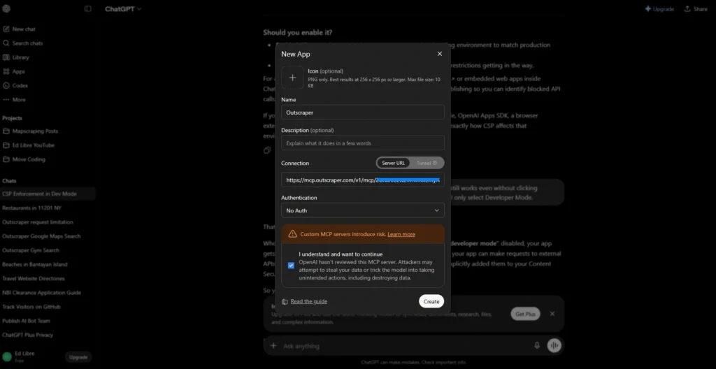 Dashboard showing how to create Outscraper's ChatGPT connector